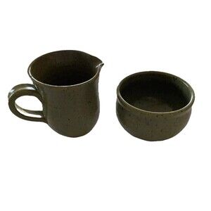 PEI POTTERY set of  2 pottery mini creamer & sugar Bowl Green Speckled